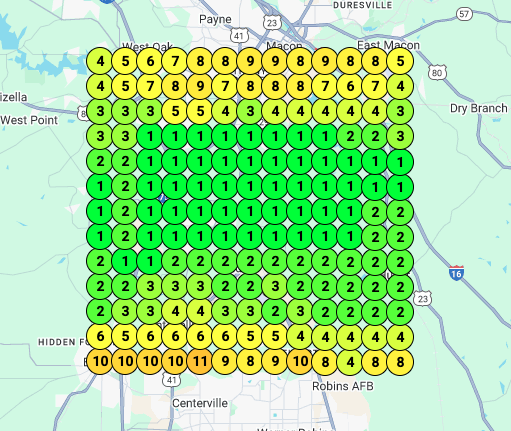 After geo grid heatmap showing excellent visibility with green dots indicating top rankings