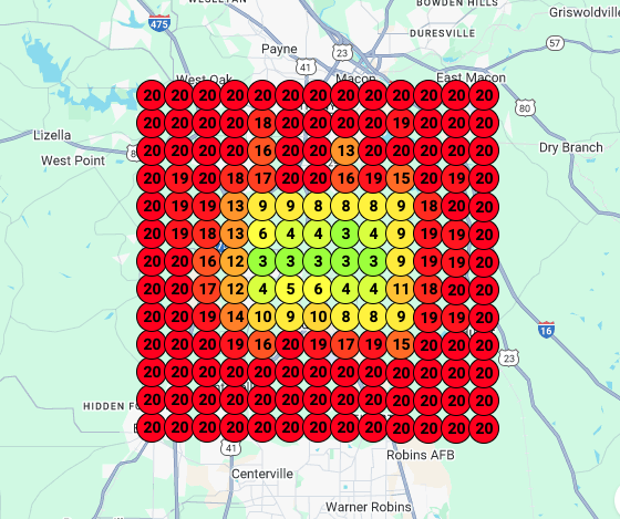Before geo grid heatmap showing poor visibility with red dots indicating low rankings